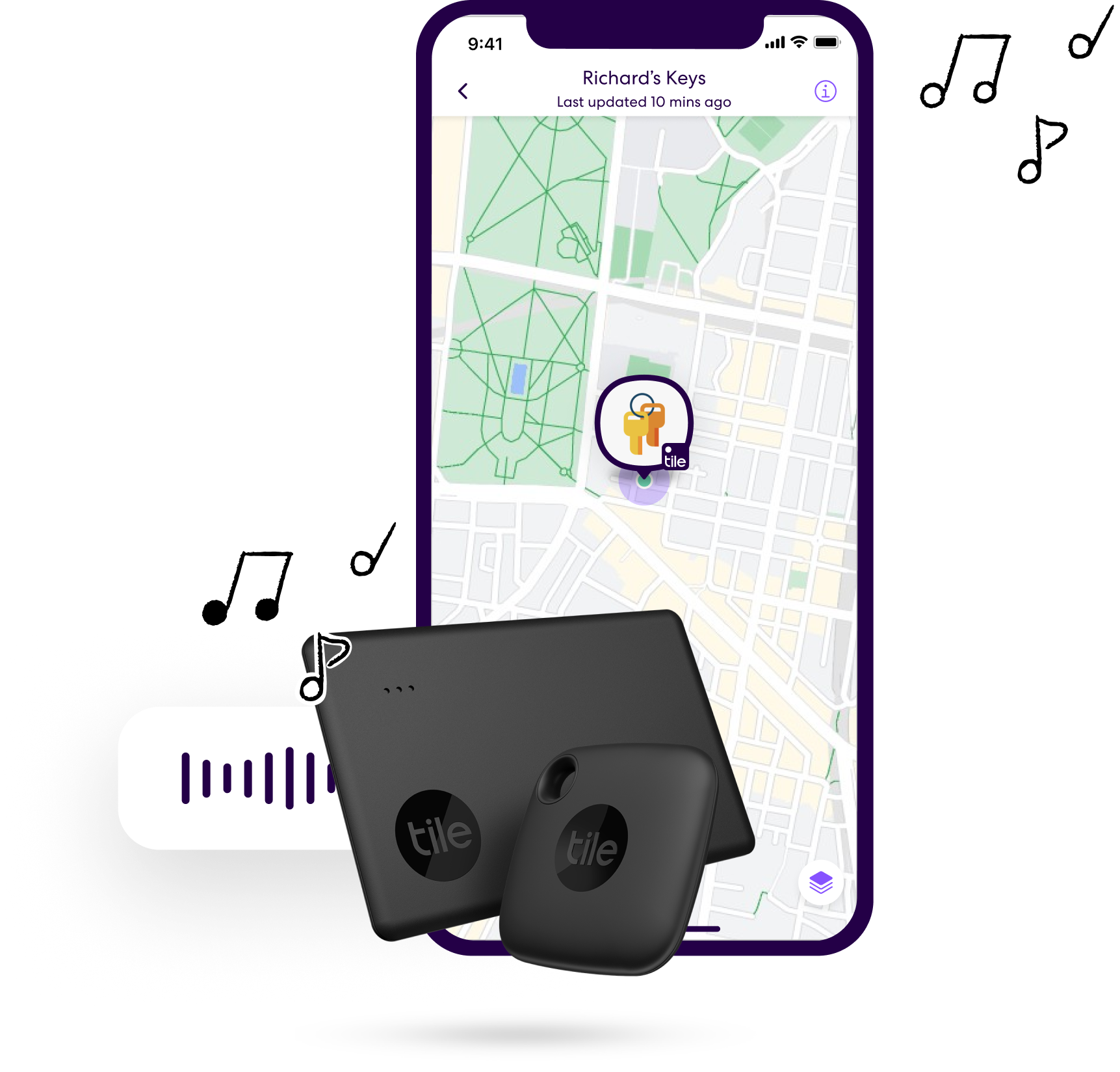 Life360 app with Tile device on map. Tile Slim and Mate floating next to the app