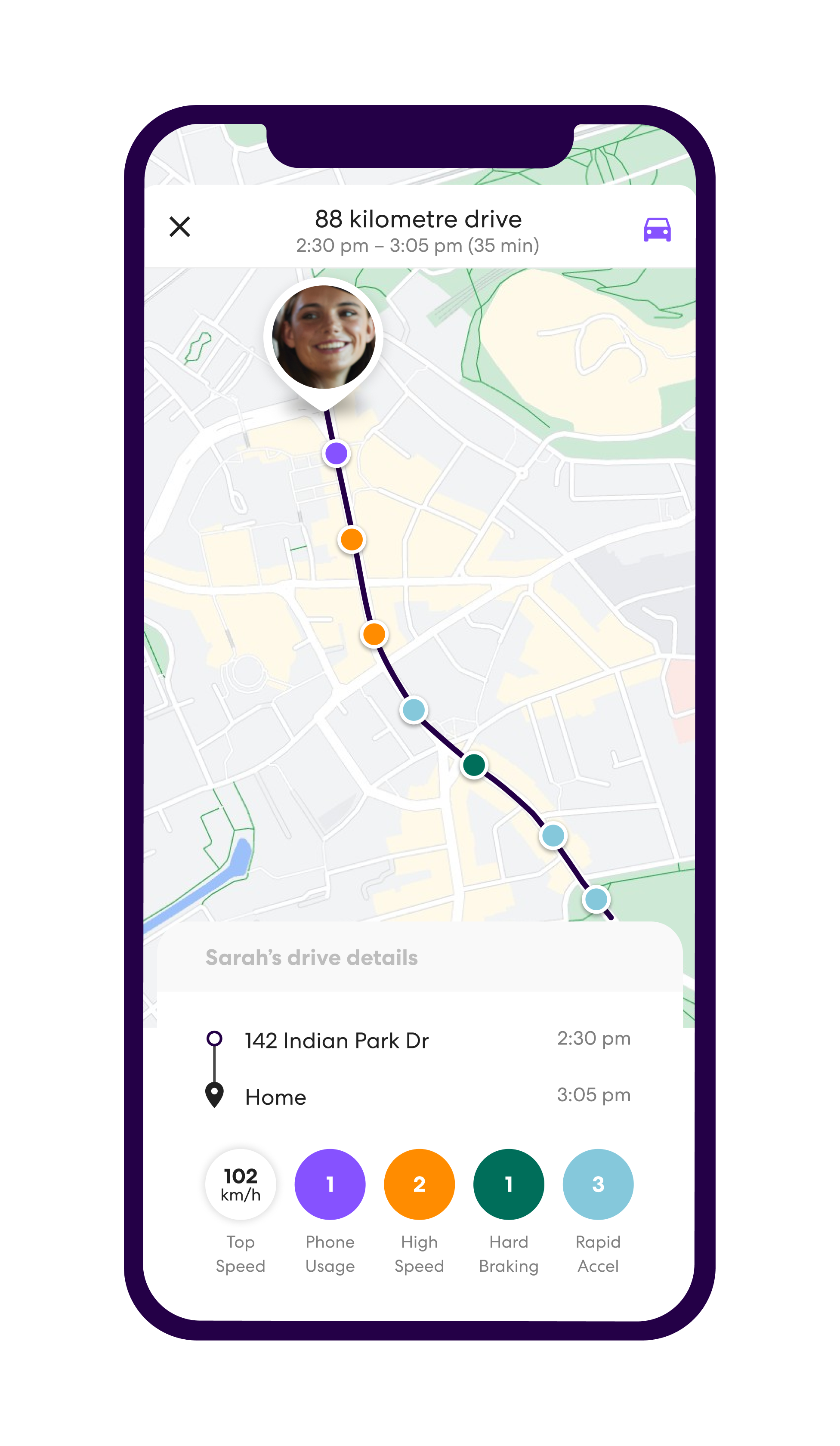 Life360 app screen showing individual drive details