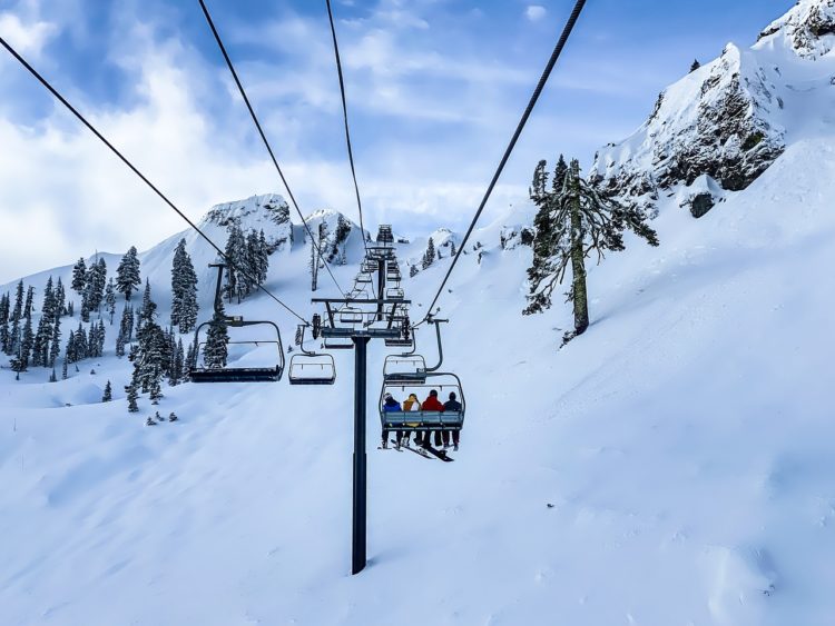 A group of people riding a ski lift